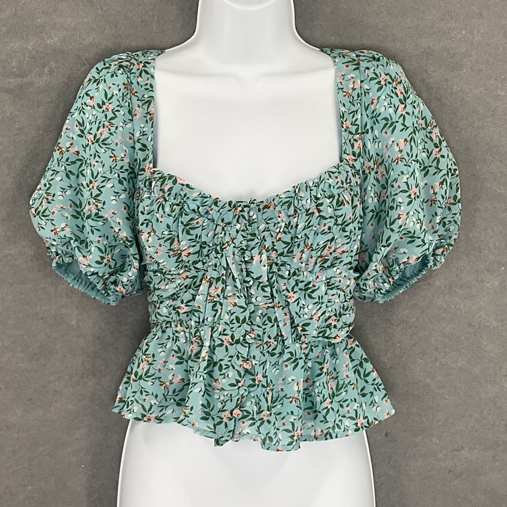ASTR Floral‎ Top XS Green Pink Milkmaid Babydoll Puff Sleeve Feminine Coquette